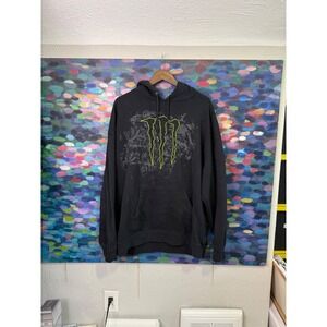 Y2k Mens Monster Energy Graphic Hoodie Black Neon Green  Long Sleeve Pullover